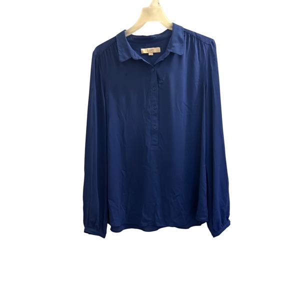 LOFT Navy Blue Long Sleeve Collared Button Front Shirt Women's Size M - Picture 2 of 6